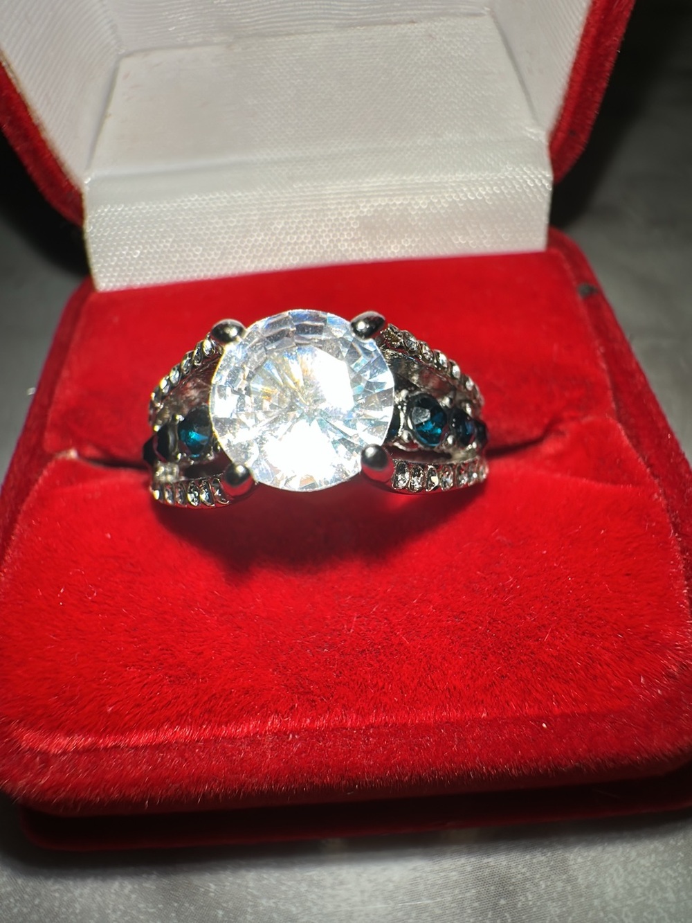 Silver-Tone Clear Crystal Statement Ring with Teal Accents